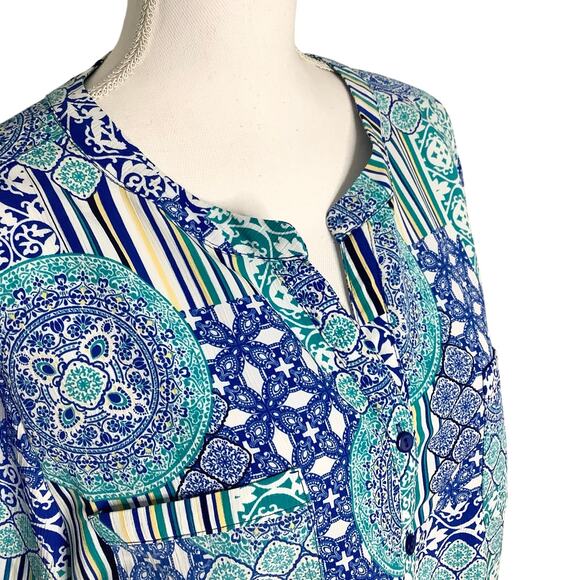 Kim Rogers Blouse Top Button Down Roll Tab Sleeves Blue Aqua Yellow White XL - Picture 2 of 6